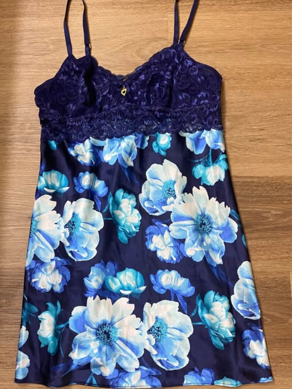 Thalia Sodi Intimates Navy Blue Lace Bodice Floral Satin Chemise Nightgown